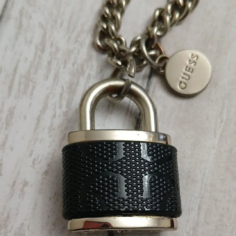 GUESS Black and Gold Padlock Charm Keychain with Logo Charm - Picture 3 of 4